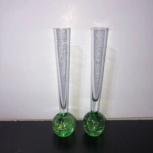 Vintage Art Glass 9” Green Bud Vase Weighted Base Controlled Bubbles 1” Opening
